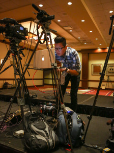 Sentinel staffer Sean Pitts sets up for a live stream before UCF coach George O'Leary talks with the media during a press conference before the Tostitos Fiesta Bowl media day at the JW Marriott Scottsdale Camelback Inn Resort & Spa in Scottsdale, AZ. on Tuesday, December 31, 2013. (Joshua C. CrueyOrlando Sentinel)